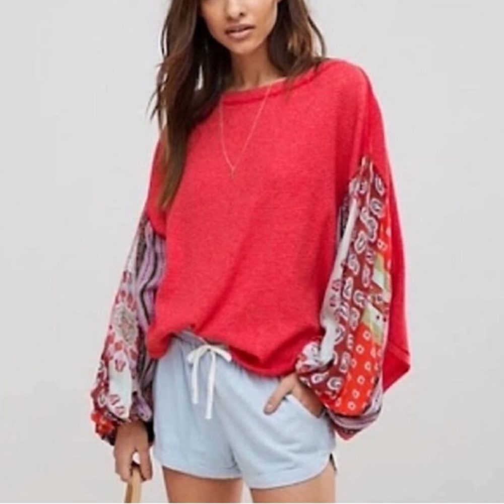 We The Free Waffle Knit Boho Sweater Top Cotton Blend Long Sleeve Red Size S
